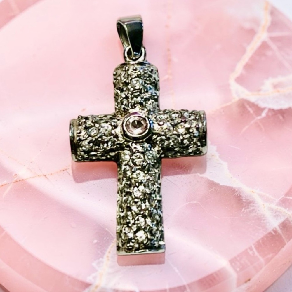 Sterling Silver Cross Pavé Crystal Cross Pendant - Clear Crystal Vintage